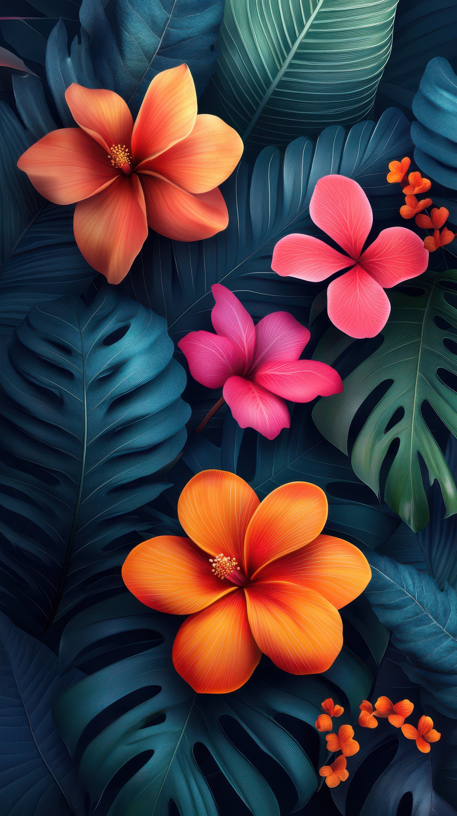 Vibrant tropical flowers and lush green leaves create a stunning botanical composition in a lively arrangement